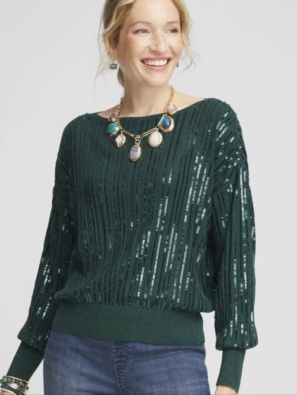 Chico's Women's Emerald Green Sequin Boatneck Sweater Size L
